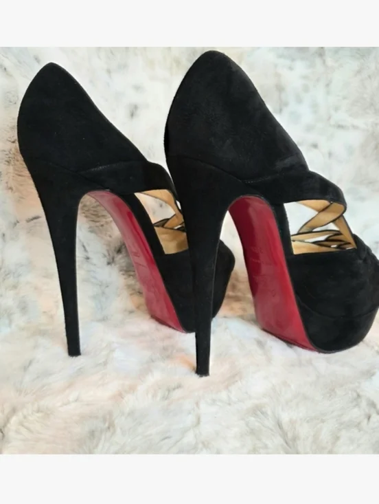 Christian Louboutin Black Suede Strappy Peep-Toe Platform Heels EU 38.5 / US 8 - Picture 7 of 11